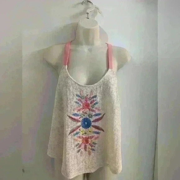 Flying Tomato Cream Racerback Colorful Floral Embroidered Tank Size M - Picture 1 of 7